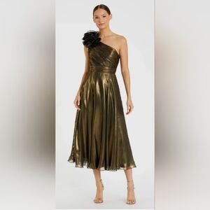 Mac Duggal Gold Rosette One Shoulder Tea Lenght  Dress Size 6